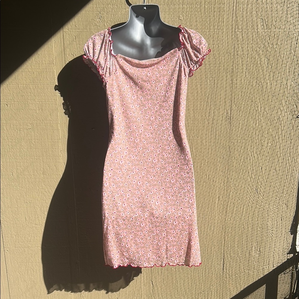 Cottagecore Coquette Pink Floral Babydoll Mini Dress Puff Sleeves Medium - Picture 6 of 7